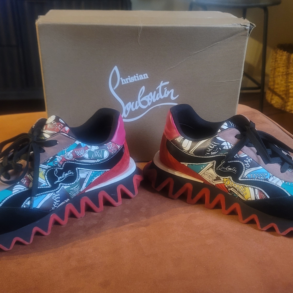 Christian Louboutin Red and Black Sneakers with Zigzag Sole